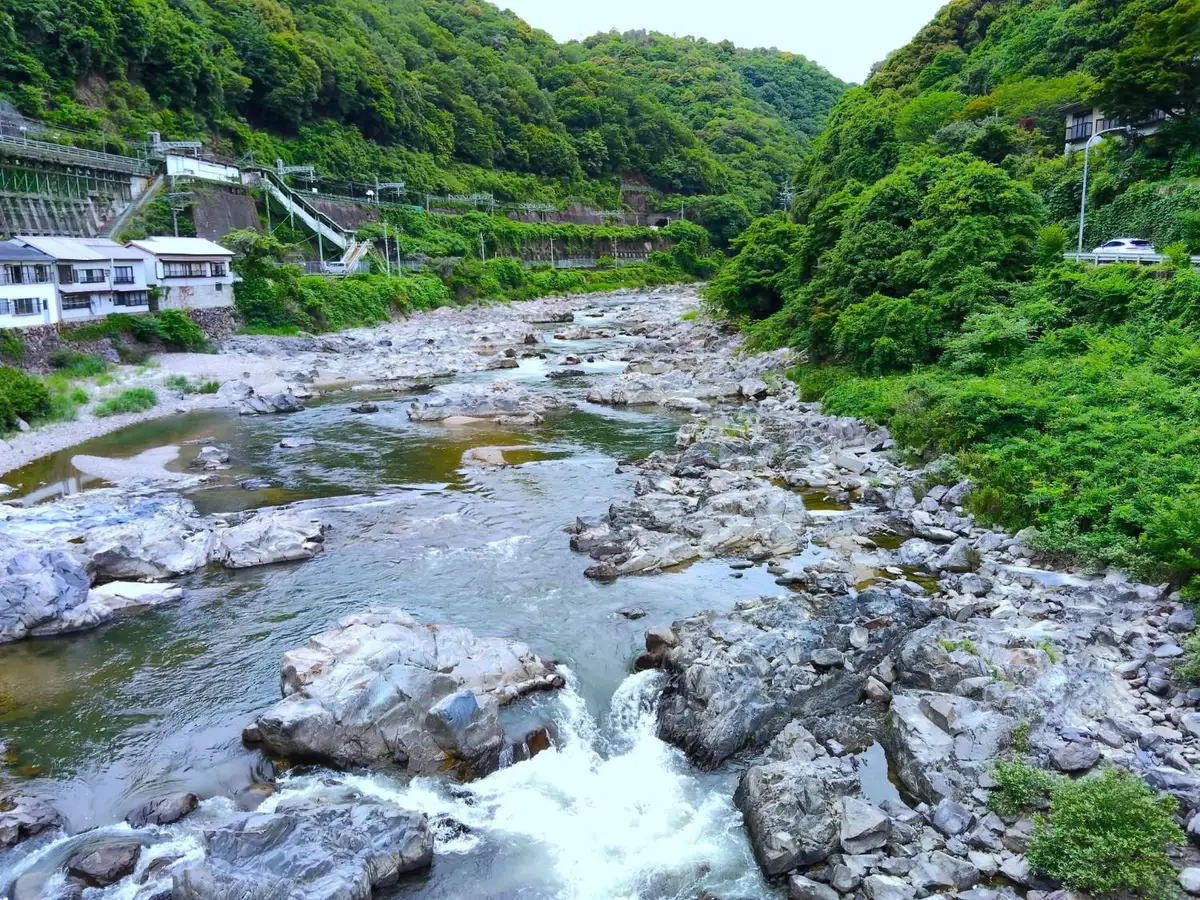 A river flowing through a mountain gorge, with slopes and retaining walls along a railway line